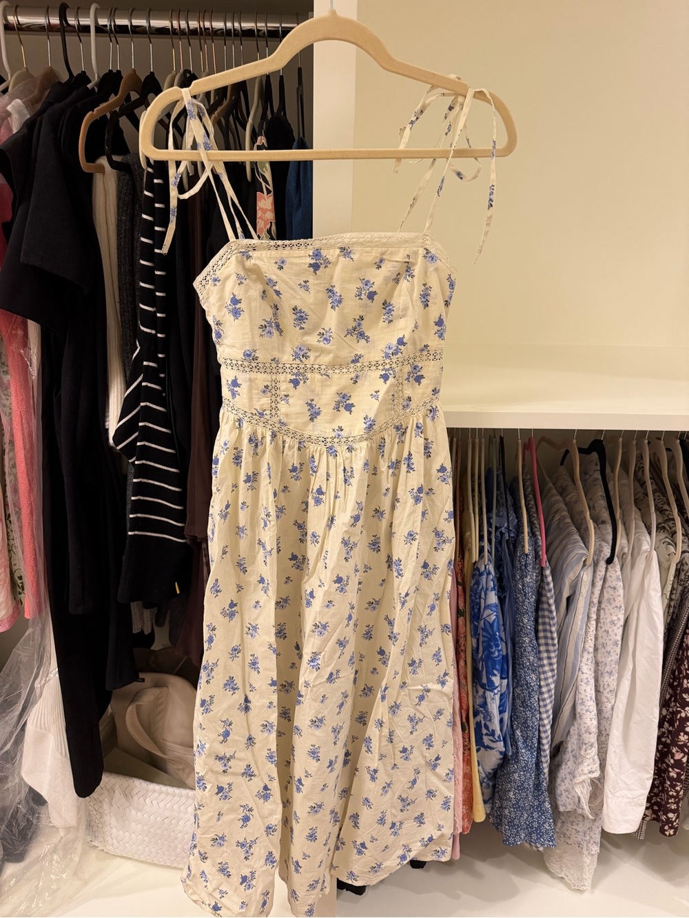 H&M Cream Sundress with Blue Floral Print and Tie Shoulders